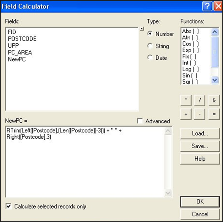 A screenshot of the Field Calculator winow showing the fields FID, POSTCODE, UPP, PC_AREA, NewPC