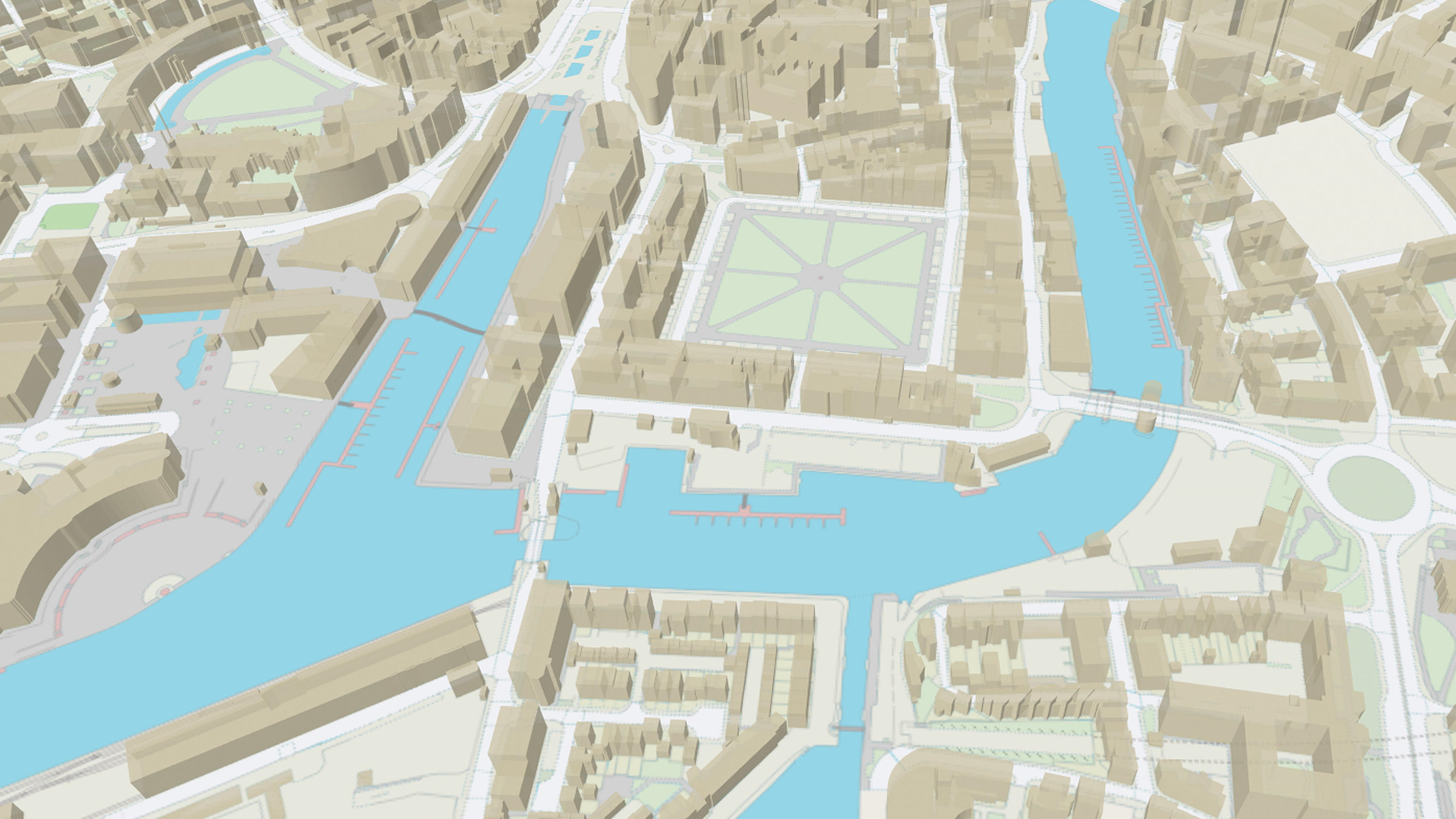 Representation of OS MasterMap Building Height attribute data showing a 3D visualisation of multi-story buildings in a built up area