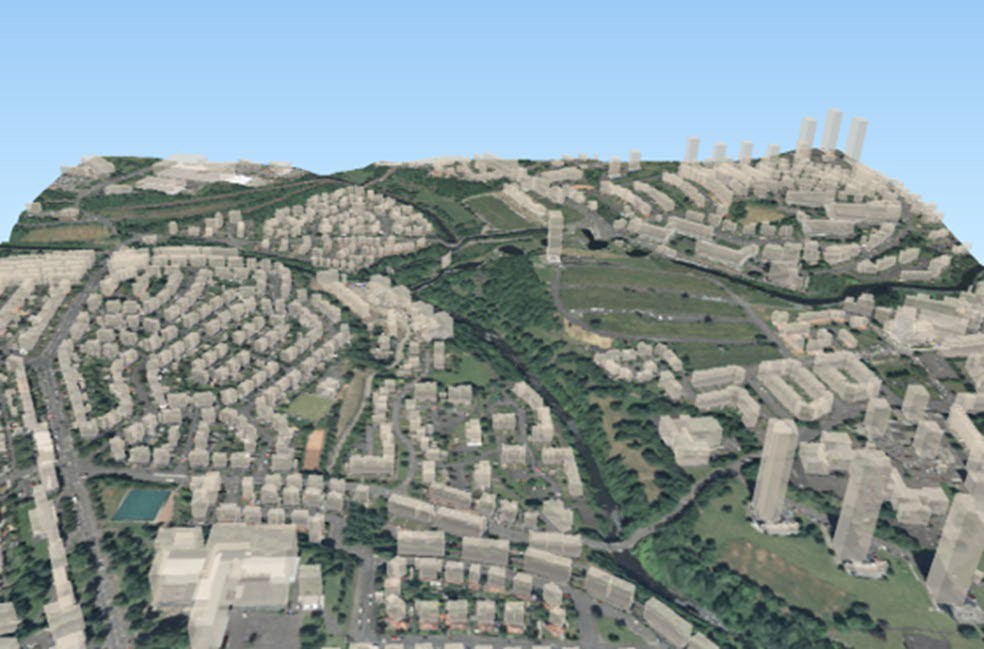 Example image depicting OS MasterMap Topography Layer – Building Height Attribute displayed over OS Terrain 5 and OS MasterMap Imagery Layer.