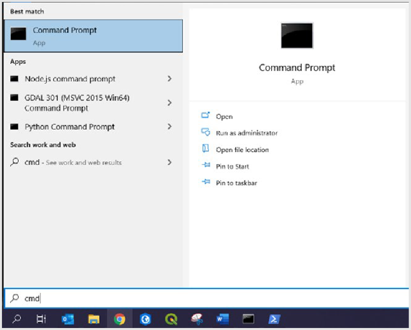 Screenshot of the Start menu with cmd entered into the search bar.