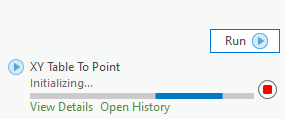 ArcMap Pro Geoprocessing pane showing Run button and initialization progress.