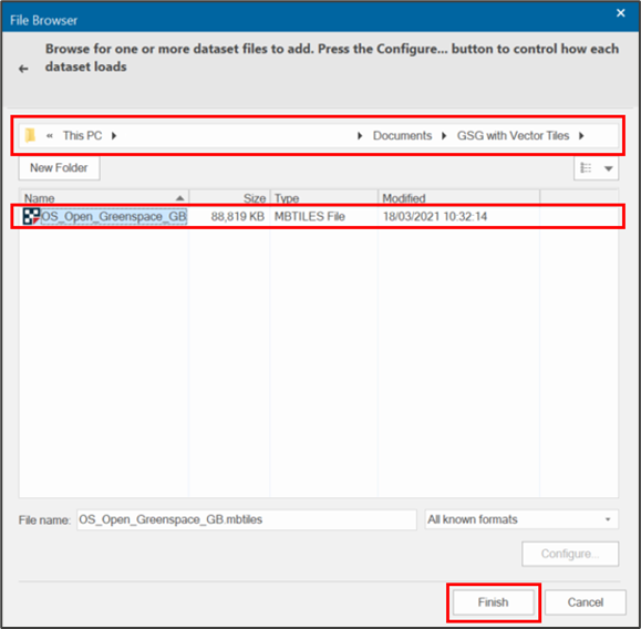 File Browser dialog box with the file path, saved MBTiles and Finish button highlighted by red rectangle shapes.
