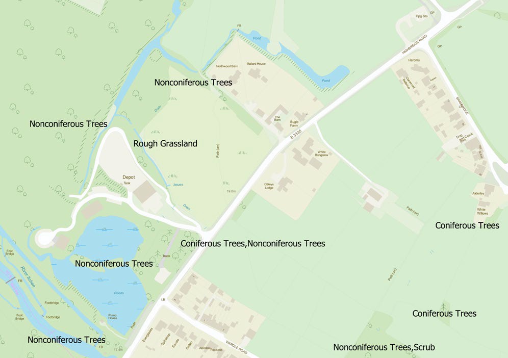 Screenshot from OS MasterMap Topography Layer showing different types of vegetation cover in the Land theme, including Nonconiferous trees, Rough Grassland, Scrub, and Coniferous Trees.
