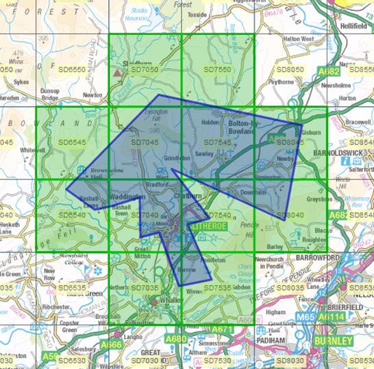 Example map of Clitheroe, England, showing how product data is chunked into geographic areas. In this example, twelve chunks (the green squares) have been created - one for every tile that has been intersected by the area of interest (the blue polygon). 