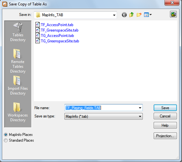 Save copy of Table As dialog showing TF_Playing_Fields_TAB file being saved in the MapInfo_TAB folder