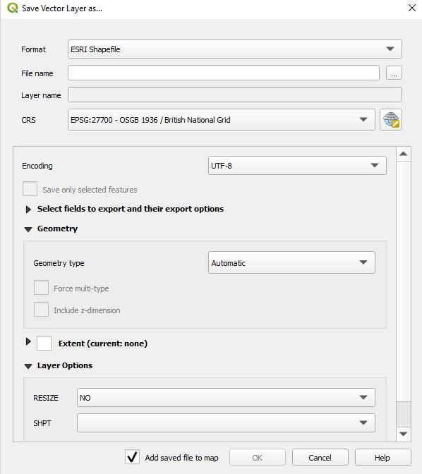 QGIS Save Vector Layer As dialog box.