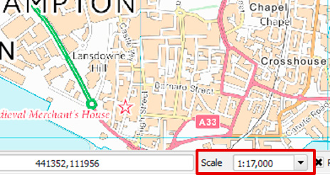 Map screen showing 1:17,000 scale selected in the bottom menu