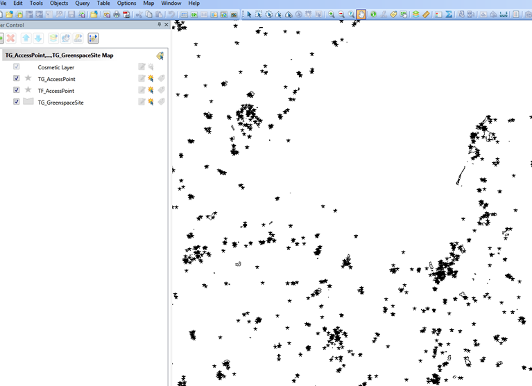 Data visualisesed with GreenspaceSite containing both sets of data in the MapInfo main window