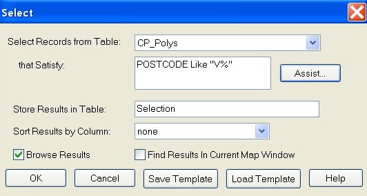 An image of the database select window showing selection of POSTCODE data from the CP_Polys table