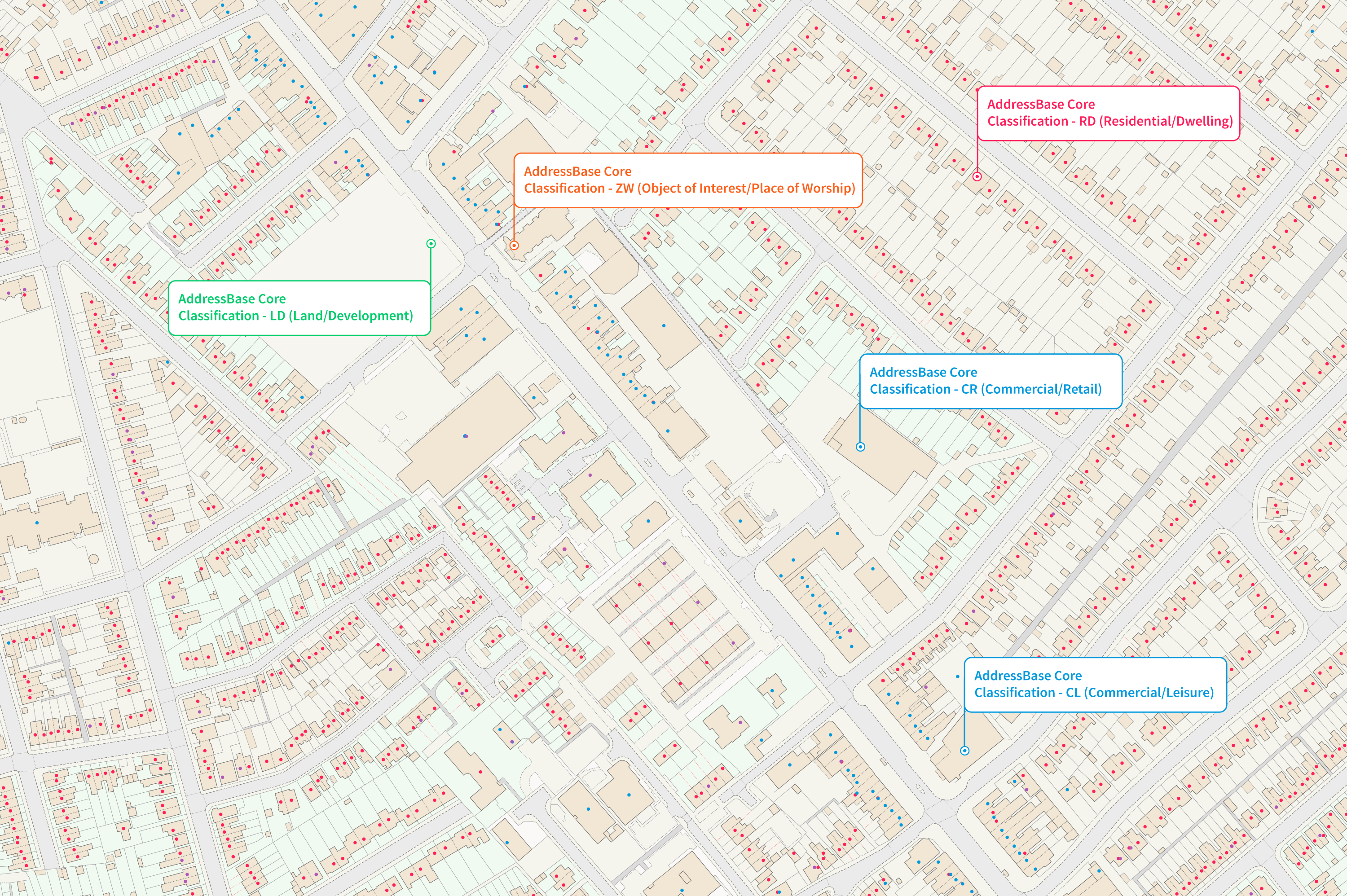 An image of a map showing the following AddressBase Core classifications: ZW: Object of Interest/Place of Worship RD: Residential/Dwelling LD: Land/Development CR: Commercial/Retail CL: Commercial/Leisure