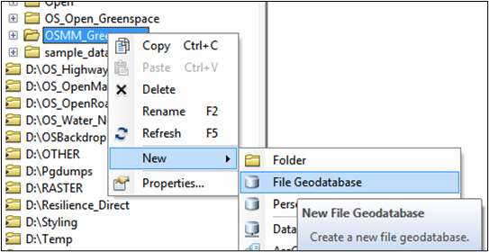 ArcCatalog window display of New File Geodatabase menu option.