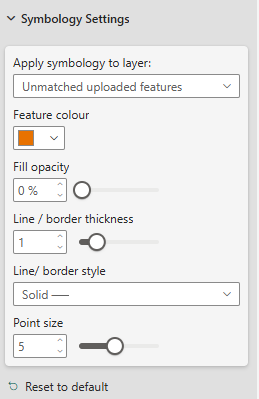 Screenshot of the Symbology Settings window showing styling settings being applied to the Umatched Uploaded features layer
