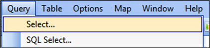 Display showing MapInfo Professional toolbar menu with Query - Select option.