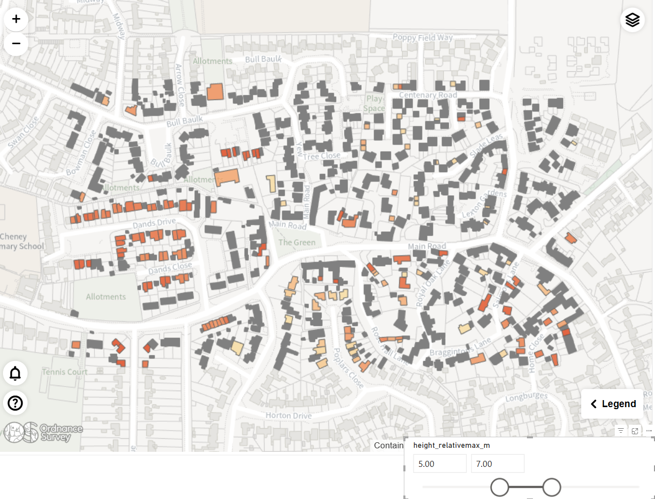 A map configured to display buildings between 5-7 metres height as a choropleth, with other buildings also visible for context