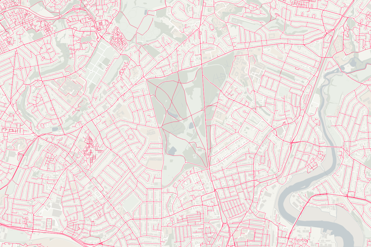 Visualisation of street data on a map showing streets throughout a large urban area.