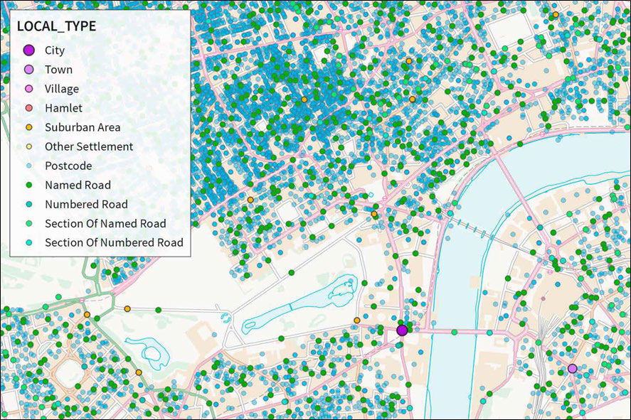 Screenshot of OS Open Names centred over Covent Garden in central London, UK. Local type classifications are shown by coloured circles of various sizes (e.g. Named Road, Numbered Road, and Postcode).