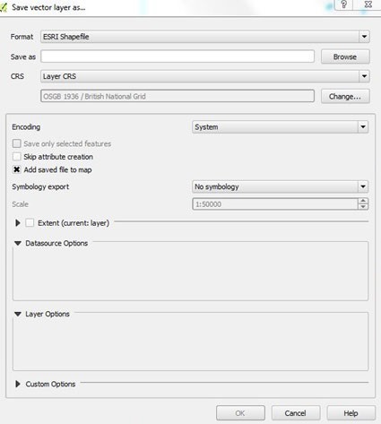 QGIS Save Vector Layer as... dialog showing GML to ESRI shapefile conversion.