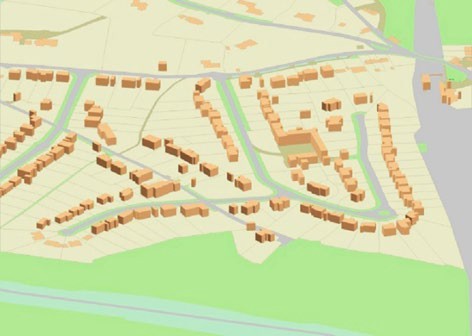 Map of an area which has been generated using OS MasterMap Topography Layer -  Building Height Attribute. The buildings and select structures appear in orange and are shown in 3D.