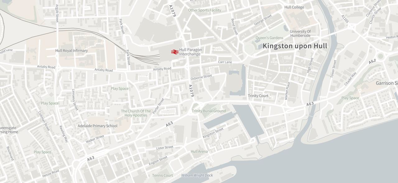 Map data for Kingston upon hull visualised in the light style using a simple, clear, and subtle palette