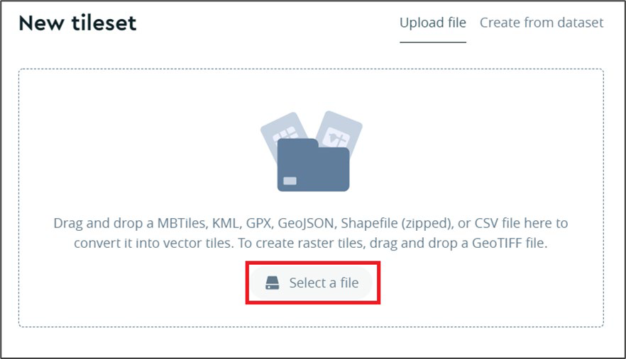 Screenshot of the New tileset pop-up in Mapbox Studio, with the Select a file button highlighted by a red rectangle shape.