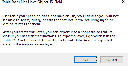 ArcMap Table Does Not Have Object-ID Field warning dialog.