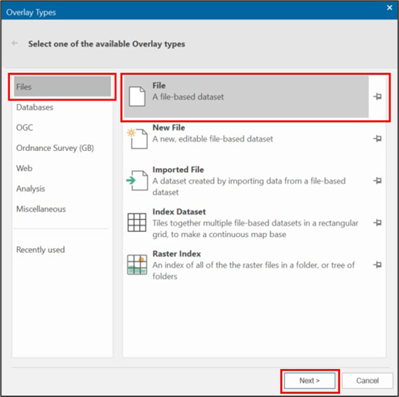 Overlay Types dialog box with the Files and File overlay type options highlighted by red rectangle shapes. The Next button is also highlighted by a red rectangle shape.