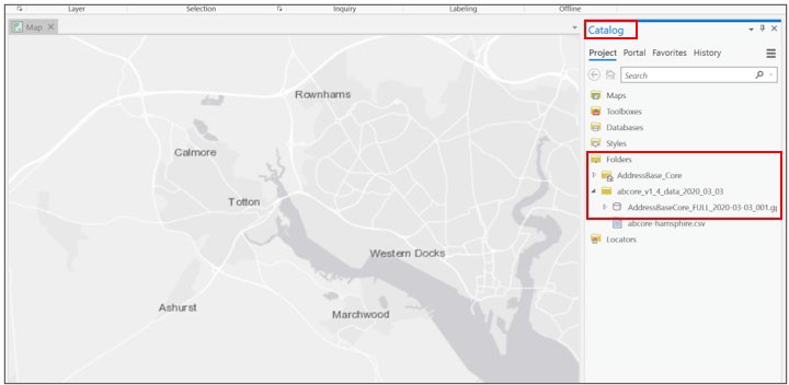 ArcGIS Pro UI showing basemap and Catalog panel
