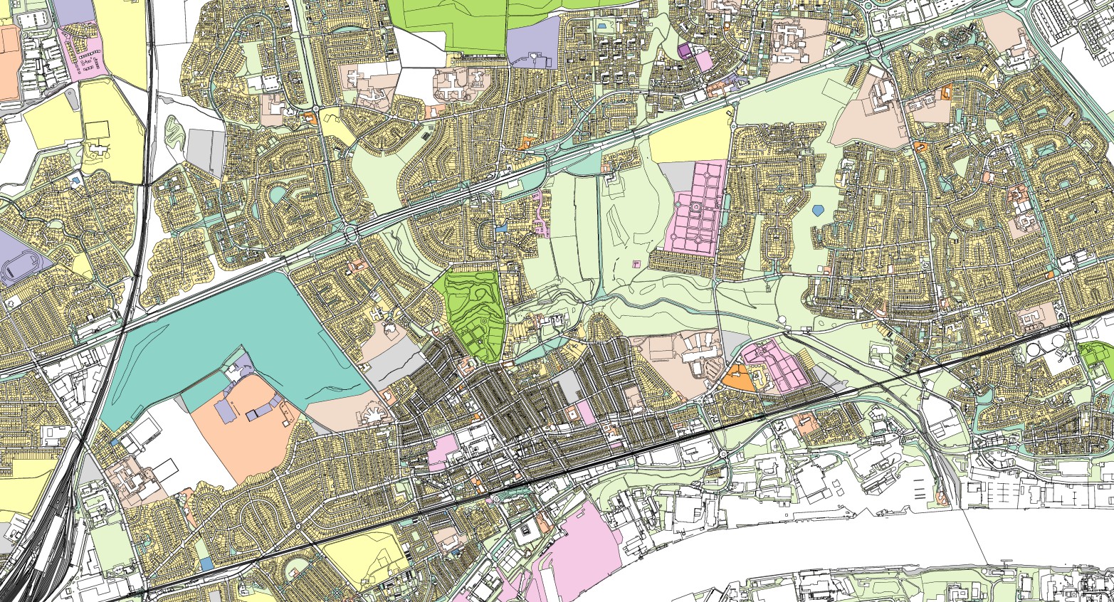 OS MasterMap Greenspace Layer data overlaid on OS MasterMap Topography Layer