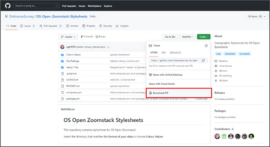 Screenshot showing an OS GitHub repository containing OS Open Zoomstack stylesheets. There is a red rectangular box around the Download ZIP option under the Code drop-down menu.