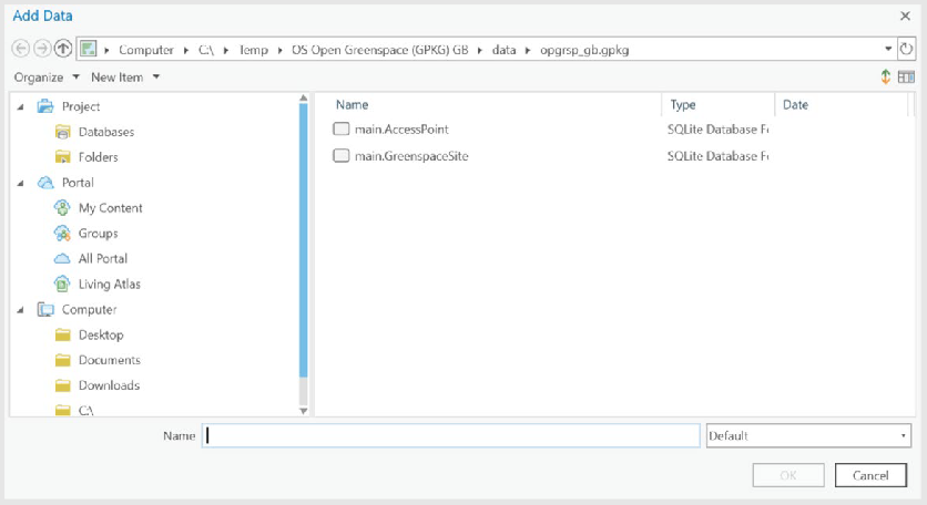 Add data dialog and file explorer shown main.AccessPoint and main.GreenspaceSite files present