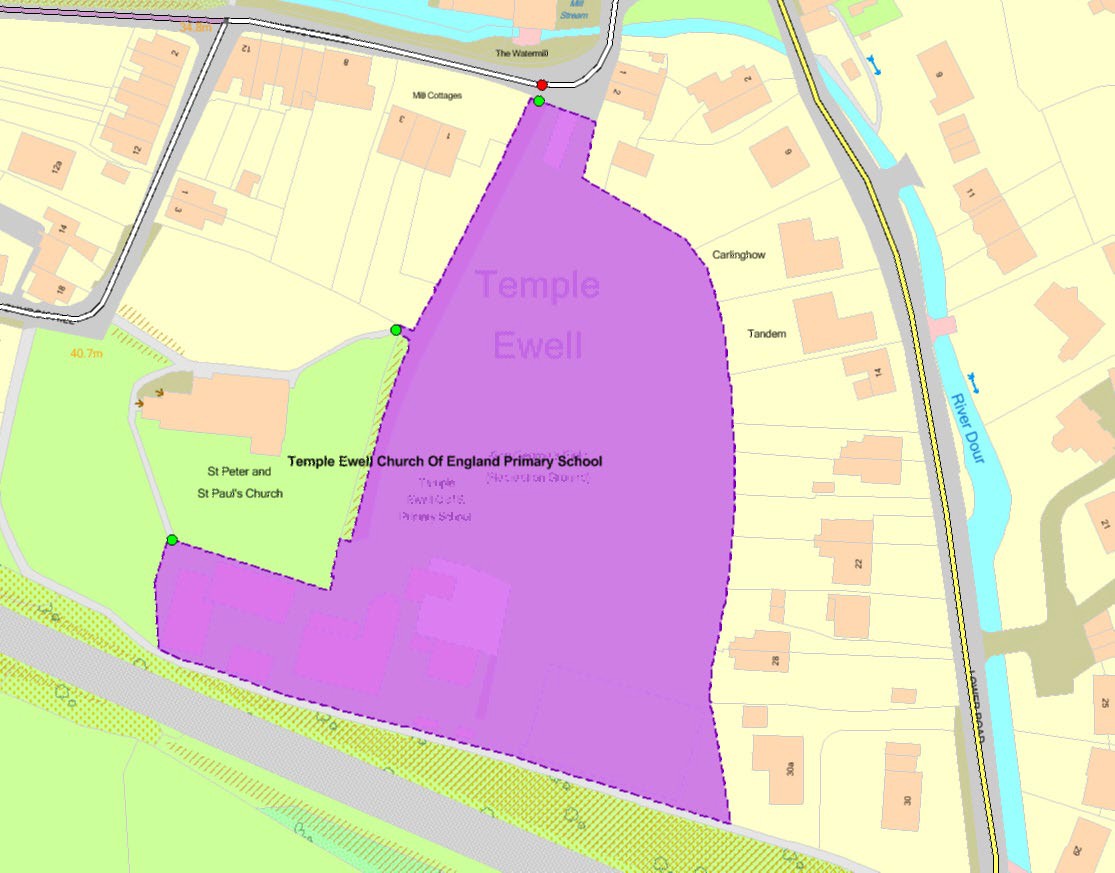 OS MasterMap Sites Layer (purple polygon) Education theme – primary school, showing Temple Ewell Church of England Primary School.