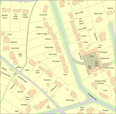 Map of an area which has been generated using OS MasterMap Topography Layer.  The buildings and select structures appear in orange and are shown in 2D.