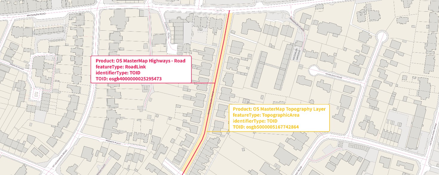 RoadLink feature type related to a Topographic  feature type for data visualisation
