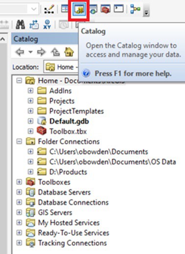 ArcGIS Desktop UI highlighting Catalog button