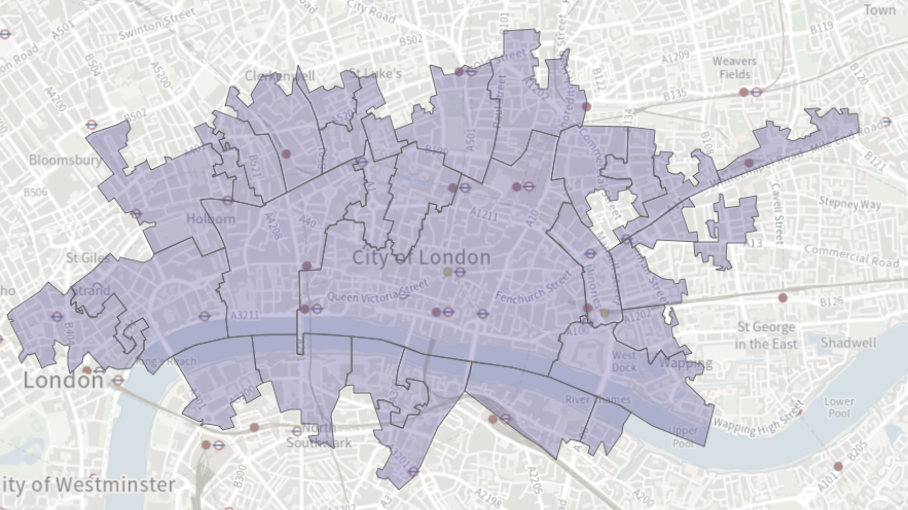 An example of polygons displayed on a background map within the OS Maps for Power BI Visual. Image shows an area of London with polygons overlayed showing wards around the area of the City of London