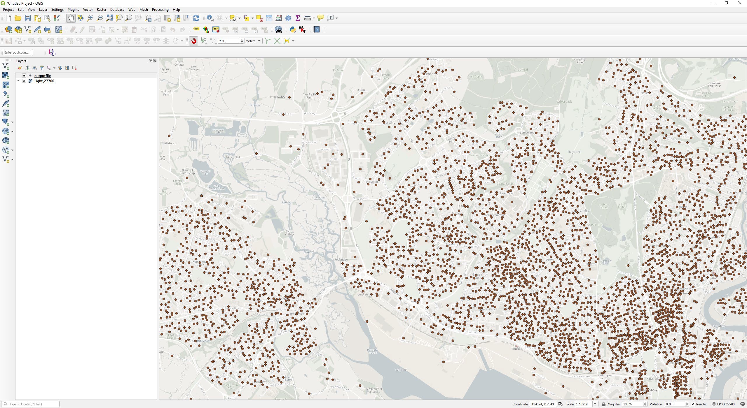 QGIS UI showing Code-Point Open CSV data displayed in the Layers Panel and map pane area, with OS Maps API Light 27700 as the background map for geographical context.
