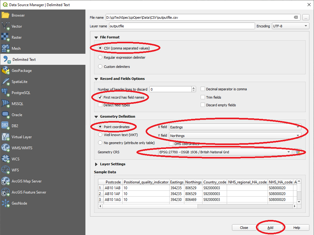 QGIS Data Source Manager Delimited Text dialog.