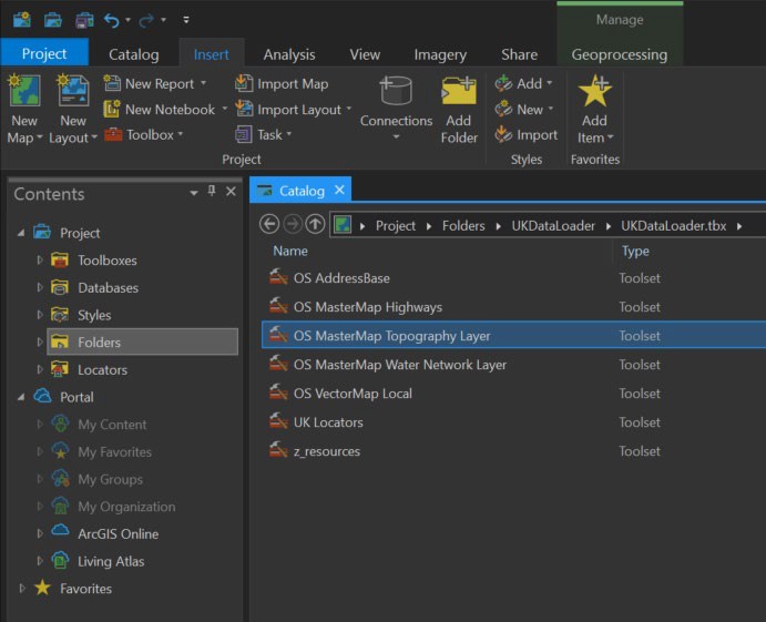 ArcGIS Pro UI showing saved UK Data Loader toolbox in Catalog View