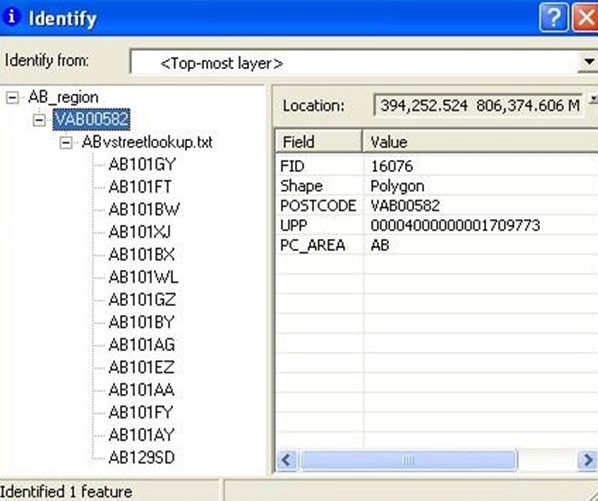 An image of the Identify screen showing details of the polygon VAB00582