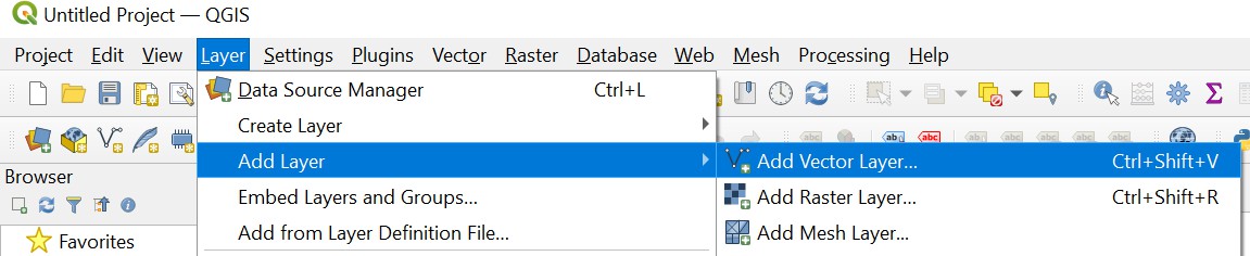 QGIS UI showing Layer > Add Layer > Add Vector Layer menu option.