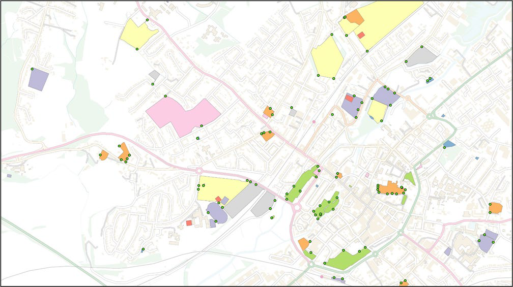 Example map showing OS Open Greenspace polygons and access points overlaid on an OS OpenMap … Local basemap. The polygons depict areas of greenspace while the points depict access points into the greenspace areas.