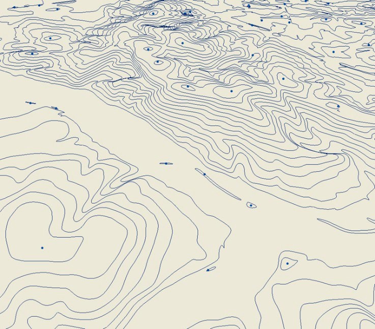 Example of OS Terrain 50 contours (blue lines) and spot heights (blue dots) displayed as a heighted raster in a GIS.