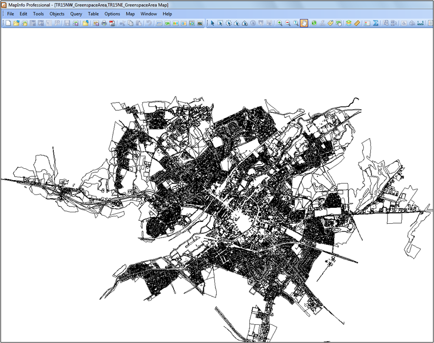 Greenspace Layer data displayed un-styled in MapInfo Professional.