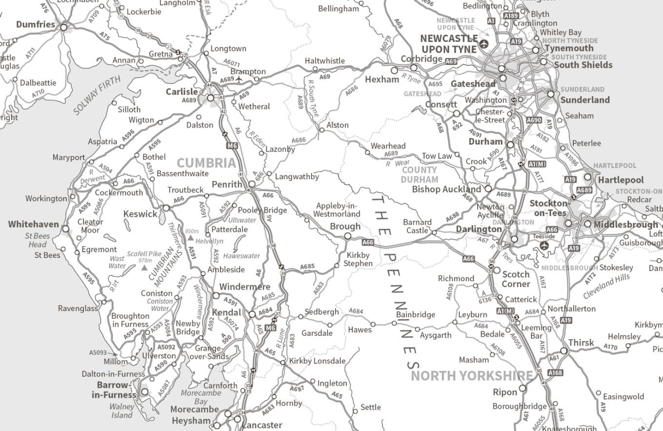 MiniScale monochrome example showing an area of the Pennines, Newcastle, and Cumbria