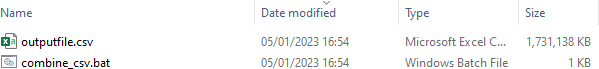 Screenshot in Windows Explorer showing outputfile.csv and combine_csv.bat.