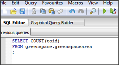 SQL window in PostgreSQL that shows SQL command to count features in greenspacearea.