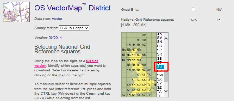 OS VectorMap District screenshot showing ESRI Shapefile supply product and SU national grid reference selected