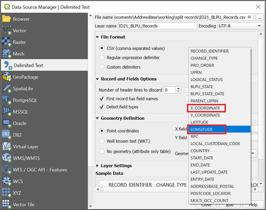 QGIS Data Source Manager | Delimited Text