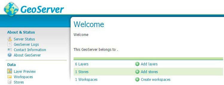 Geoserver UI displaying the Welcome screen