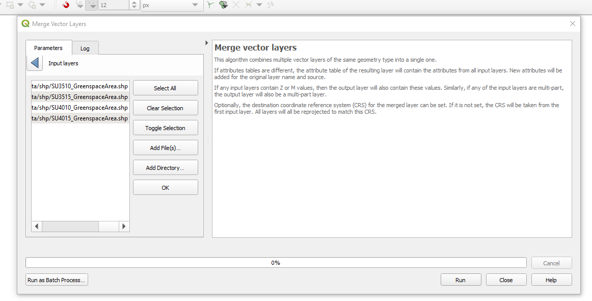 QGIS Merge Vector Layers window.